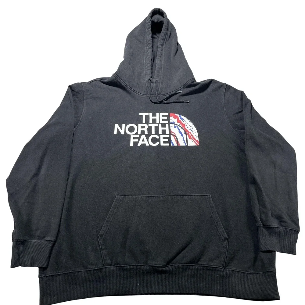 The North Face Hoodie Mens 2XL Black USA Flag Logo Fleece Pullover Sweatshirt